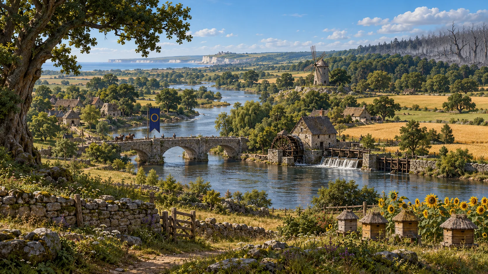 Aranymező tája: búzamezők, napraforgó, méhesek, a folyó kőhíddal, krétasziklák, a szélén a halott erdő